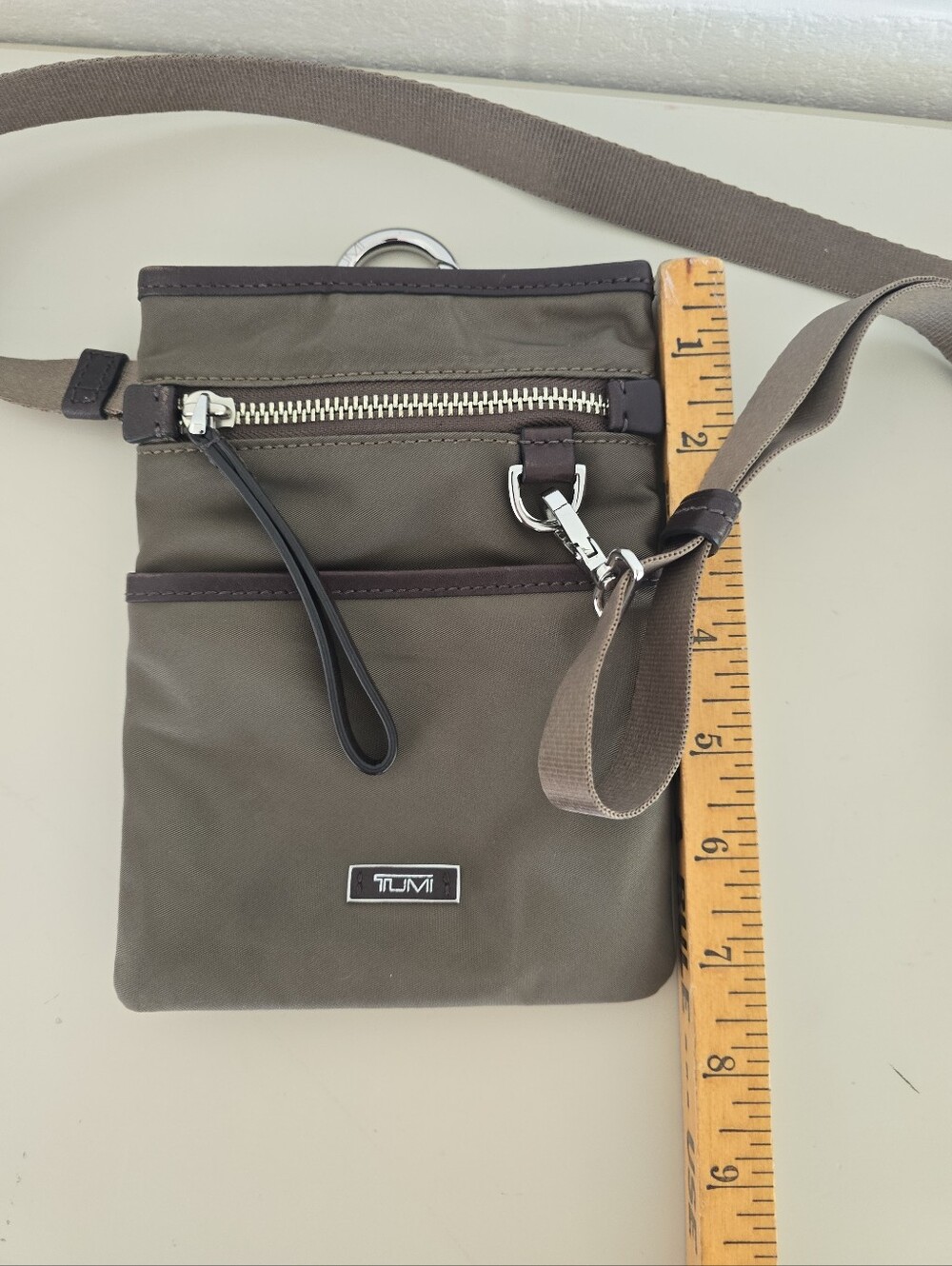 Tumi Travel Crossbody Pouch Nylon Leather Trim Green Brown Color Mini Size - Picture 10 of 12